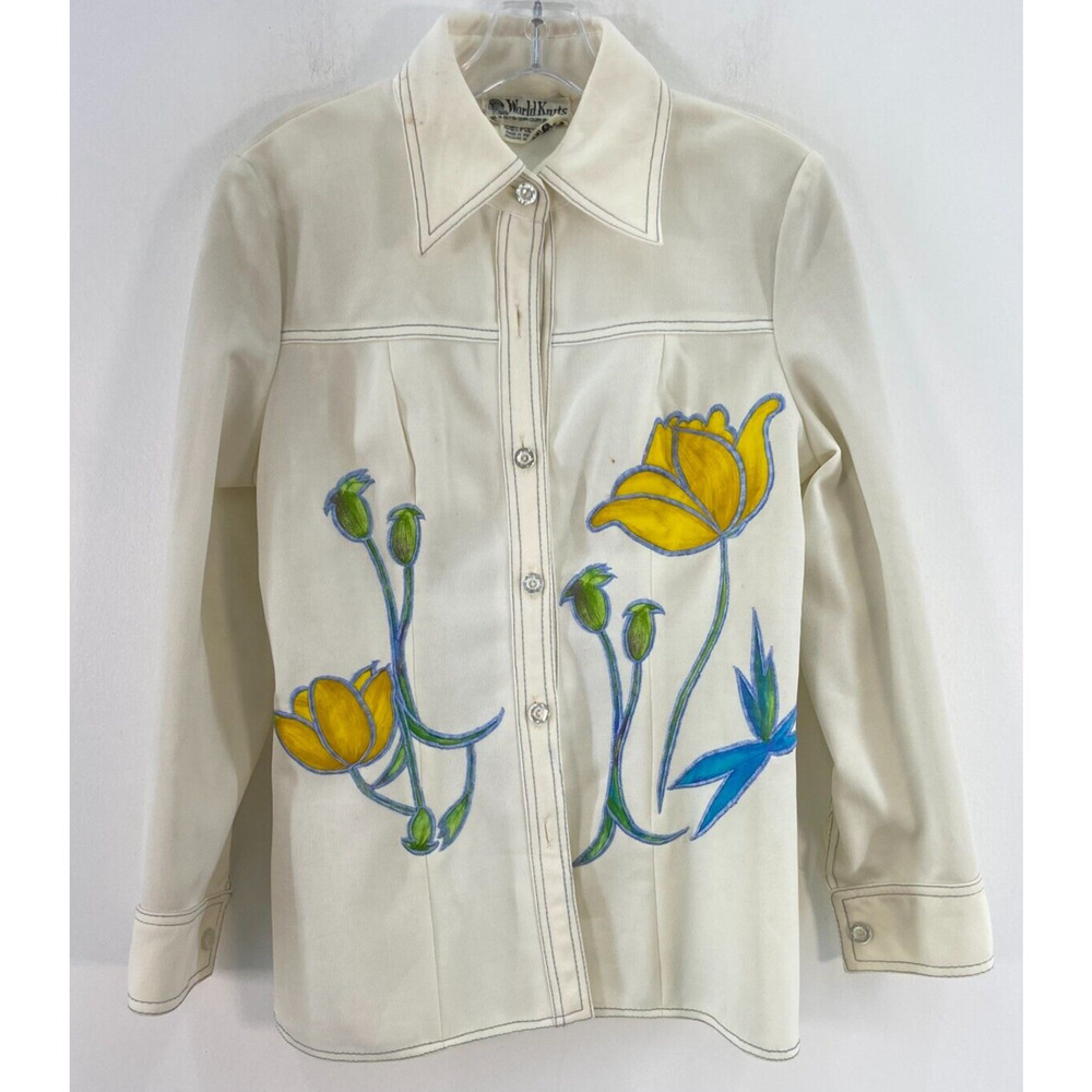 VTG 1960s World Knits White Blue Floral Print Button Front Jacket Womens Size 10